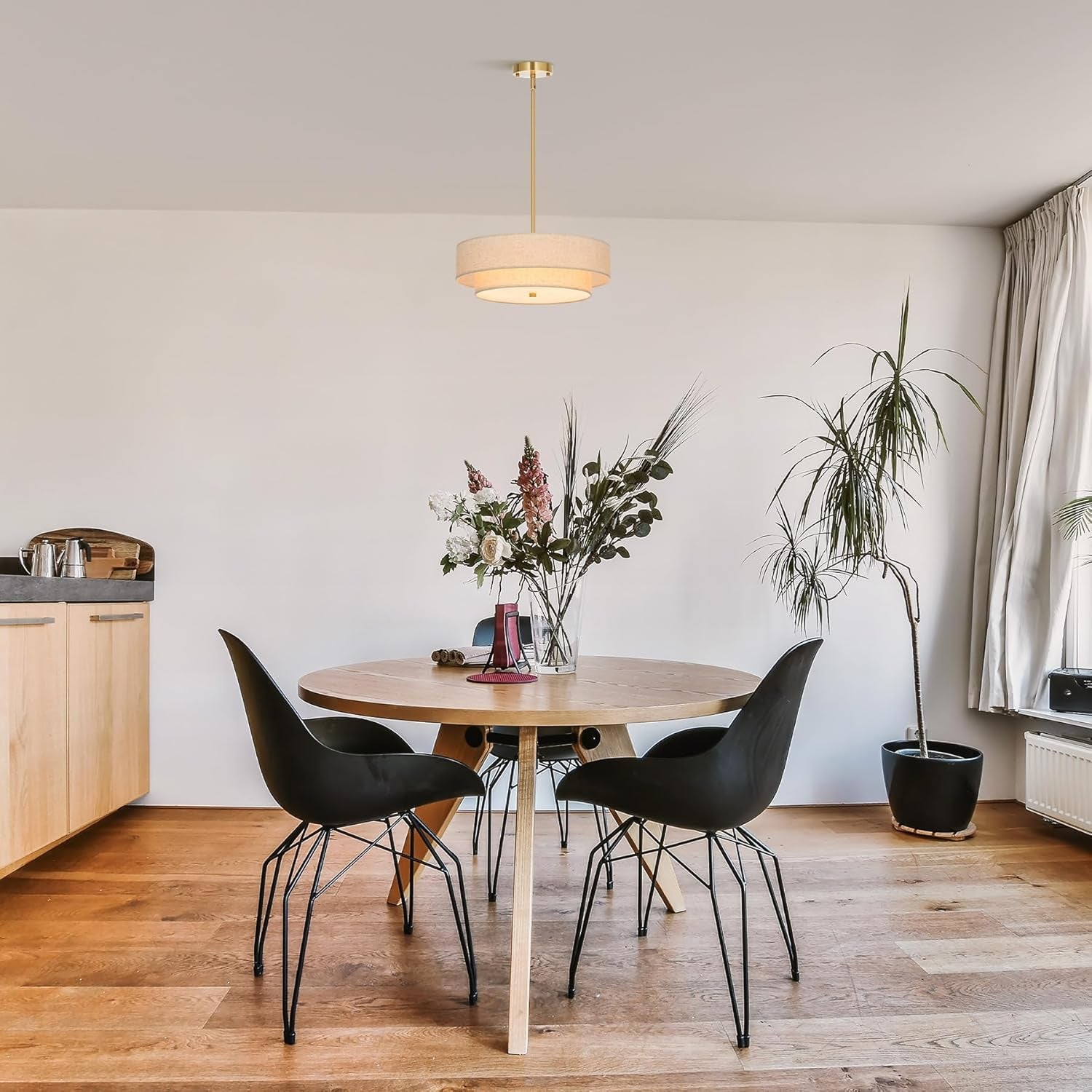 4-Light Drum Chandeliers, 18" Pendant Light Fixture with 2-Layer Fabric Shade E26 Bases, Adjustable Swivel Joint Hanging Light Fixture for Bedroom Living Room Kitchen Hallway, Antique Brass