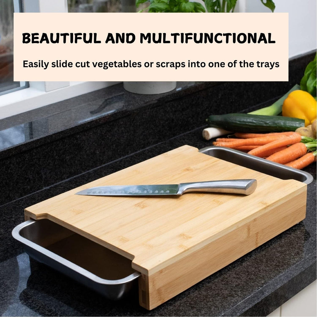 CARLA HOME Chopping Board with with 2 Organiser Stainless Steel Trays Containers