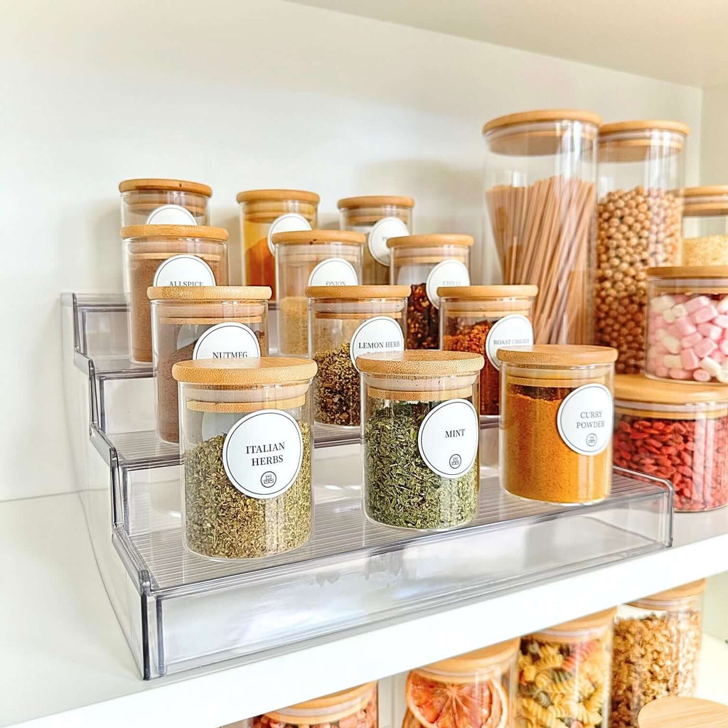 Round Glass Bamboo Herb and Spice Storage Jar Set – 12 Pack