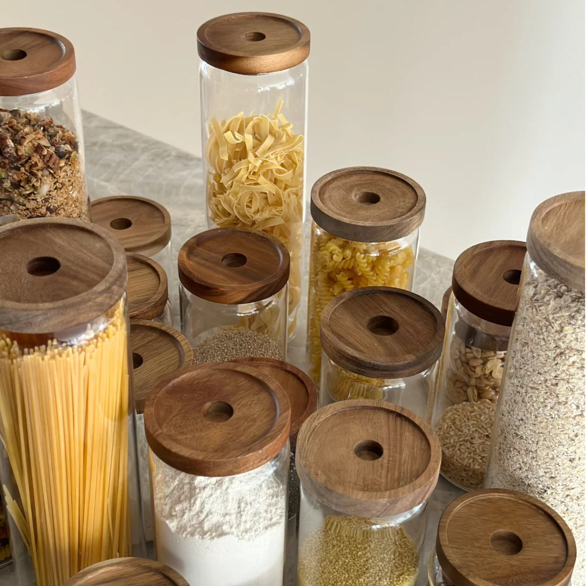 Round Glass Acacia Storage Jar Set – 5 Pack