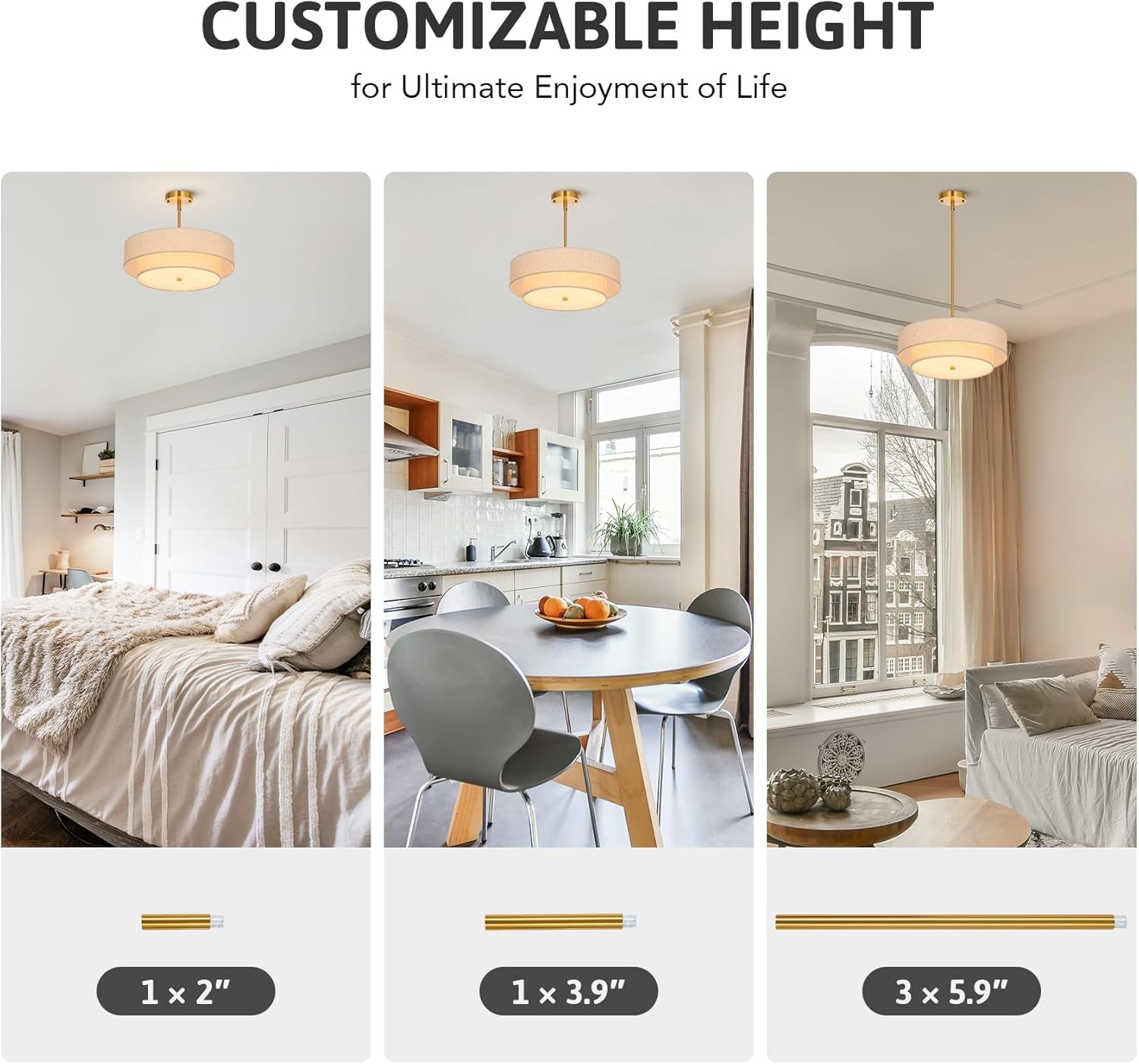 4-Light Drum Chandeliers, 18" Pendant Light Fixture with 2-Layer Fabric Shade E26 Bases, Adjustable Swivel Joint Hanging Light Fixture for Bedroom Living Room Kitchen Hallway, Antique Brass