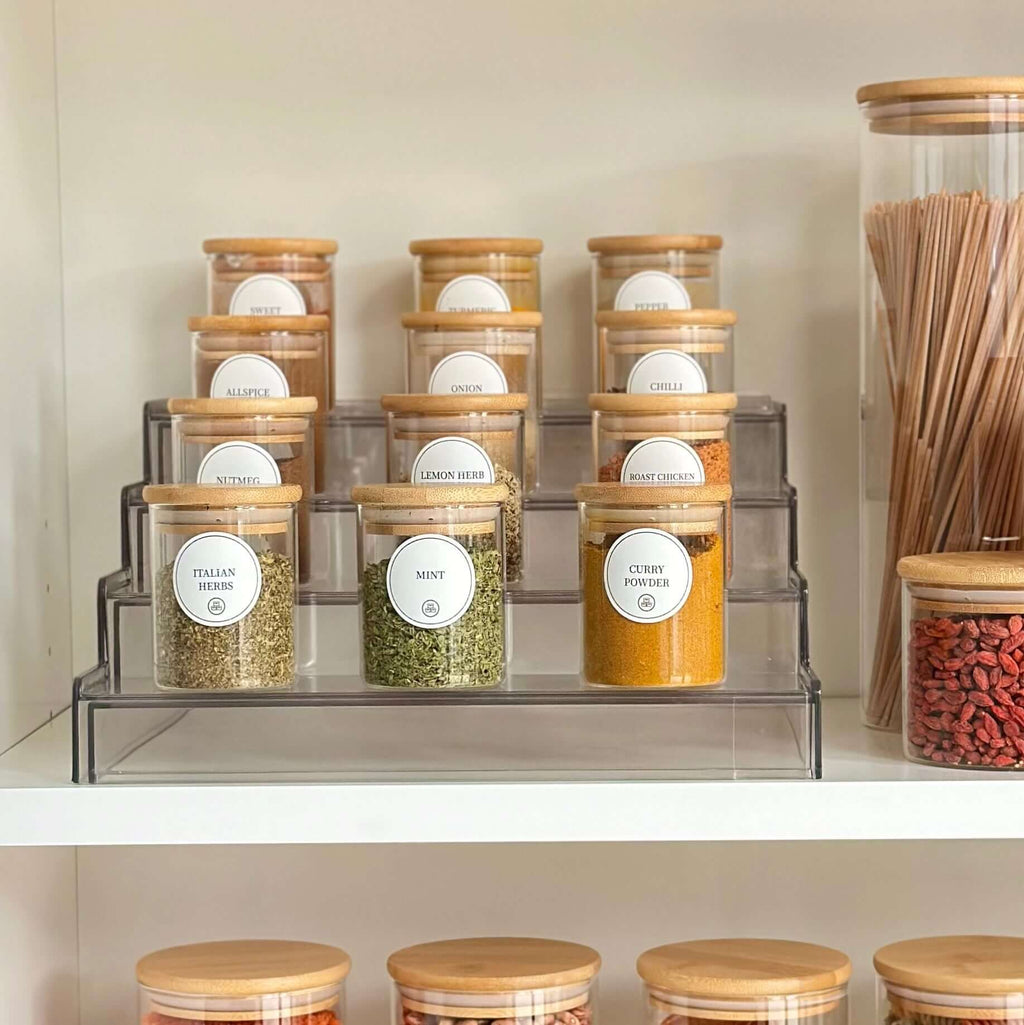 Round Glass Bamboo Herb and Spice Storage Jar Set – 12 Pack