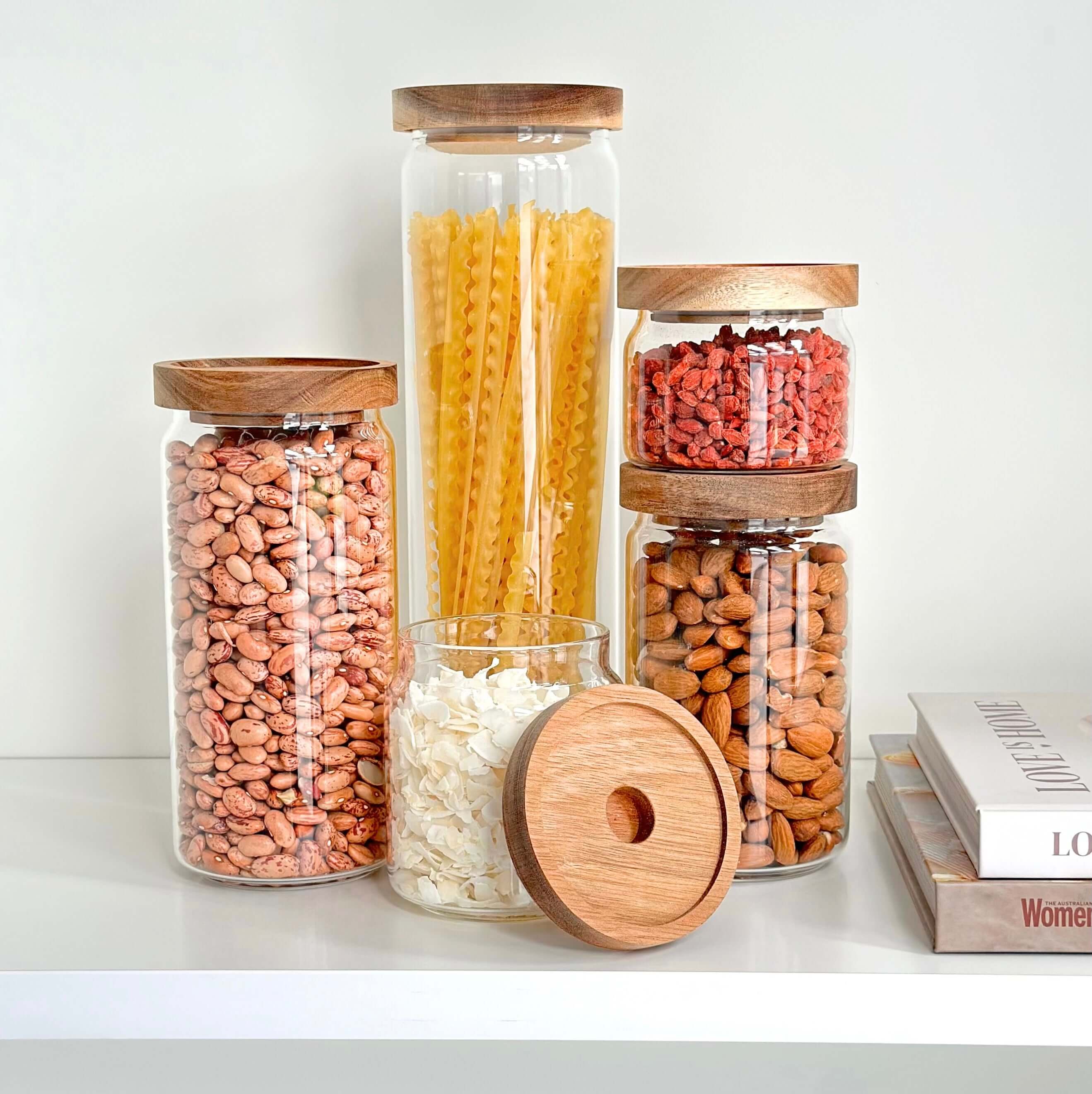 Round Glass Acacia Storage Jar Set – 5 Pack