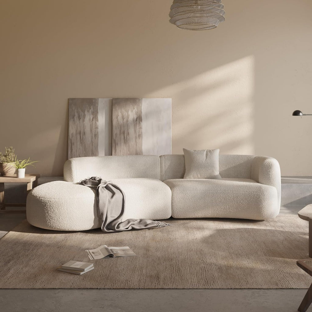 Modern Curved Sectional Living Room Couch, Minimalist Comfy Boucle Fabric Modular Sofa for Apartment, Home Office, Left Hand Facing, White