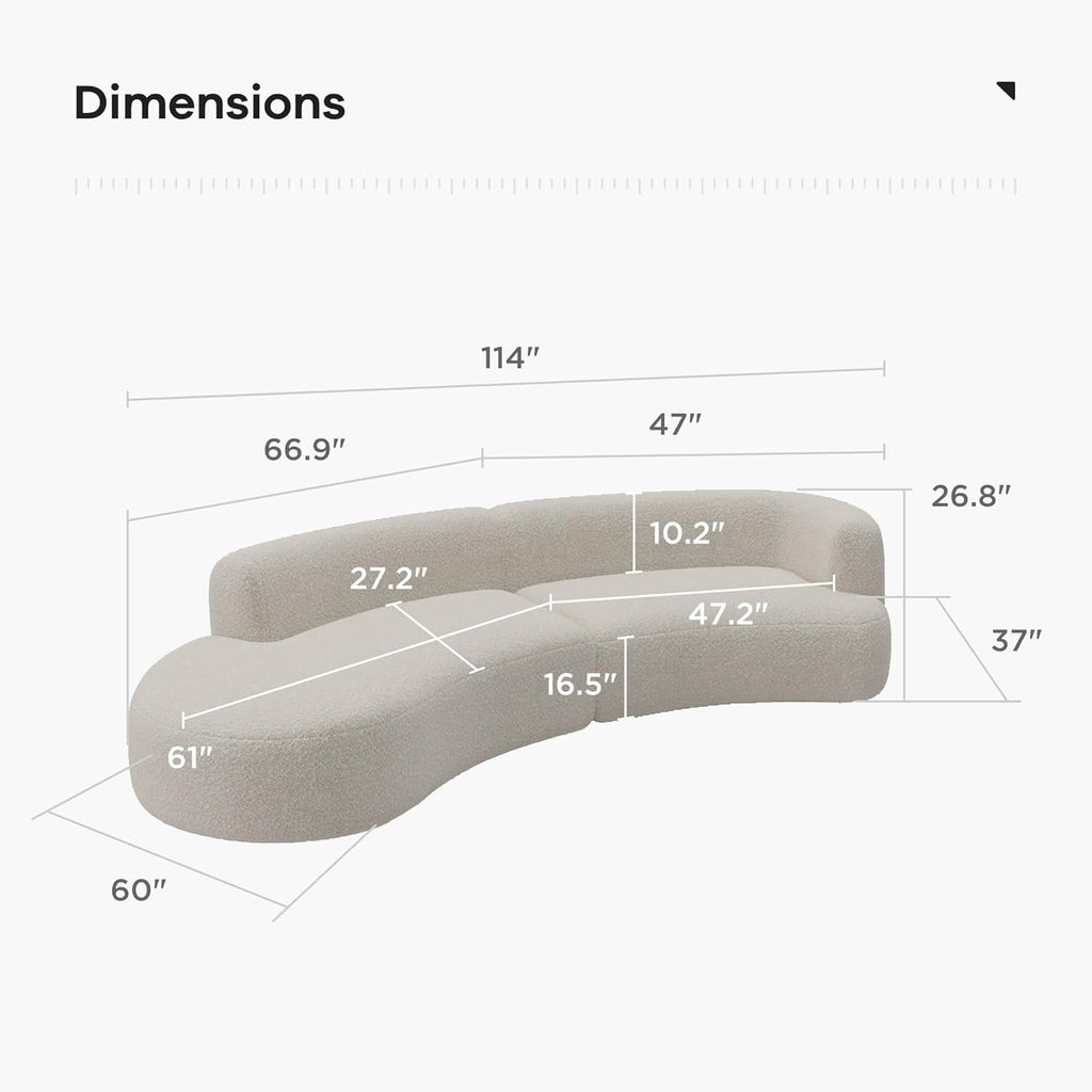Modern Curved Sectional Living Room Couch, Minimalist Comfy Boucle Fabric Modular Sofa for Apartment, Home Office, Left Hand Facing, White