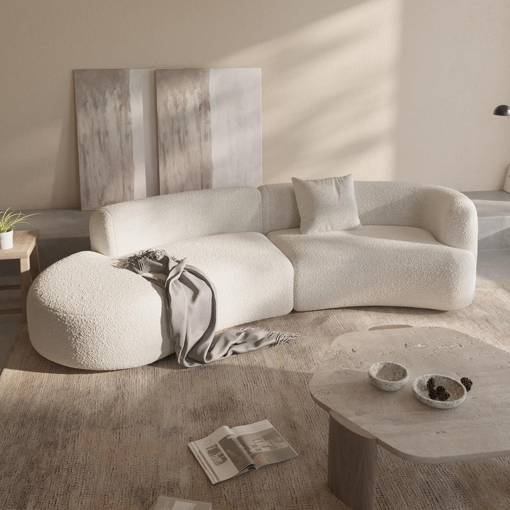 Modern Curved Sectional Living Room Couch, Minimalist Comfy Boucle Fabric Modular Sofa for Apartment, Home Office, Left Hand Facing, White